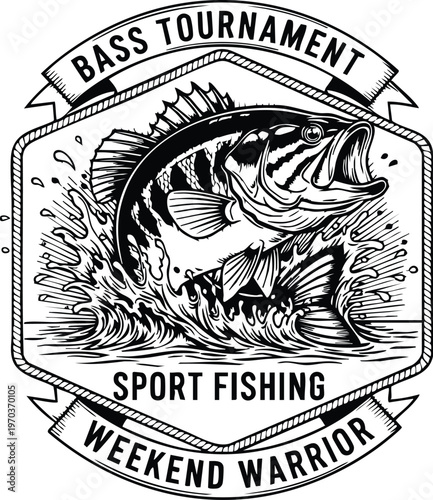 Bass tournament sport fishing vintage badge vector