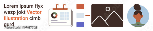 Scheduling, organization, media, identity, profiling, teamwork. Icon set features a calendar, color-coded placeholders and a female profile. Scheduling and organization concept