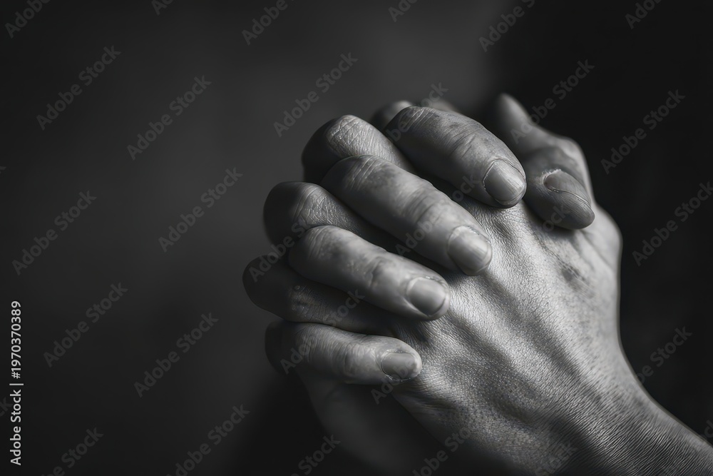 Fototapeta premium Close-up of hands in prayer in black-and-white, an intimate study of quiet devotion