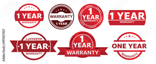 Collection of red and white badges celebrating one year anniversaries and warranties