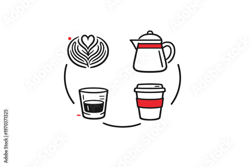 A minimalist vector illustration featuring four coffee icons