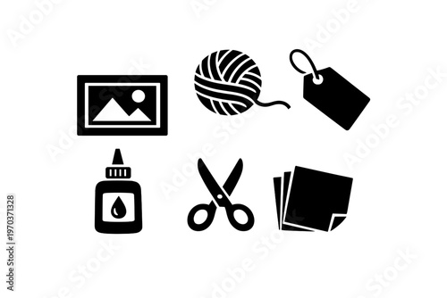 A collection of six black vector icons representing various craft and