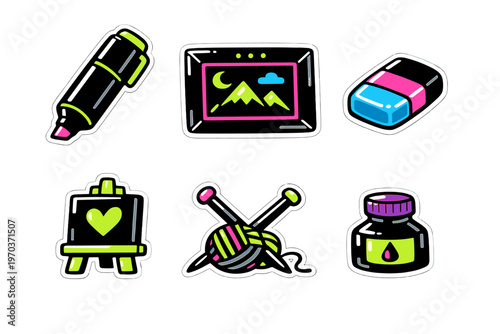 Six vibrant art and craft themed stickers featuring a marker, picture