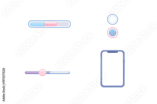 A collection of 3D glossy UI elements including a progress bar