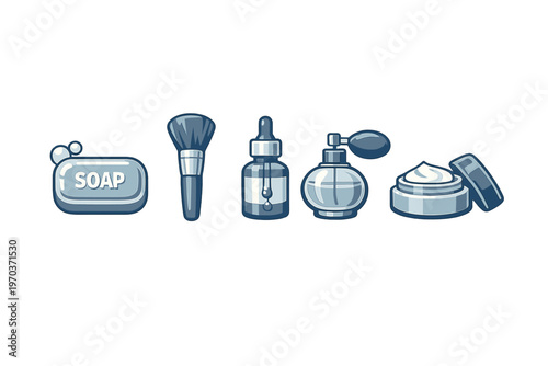 A set of five blue and gray skincare and beauty product icons
