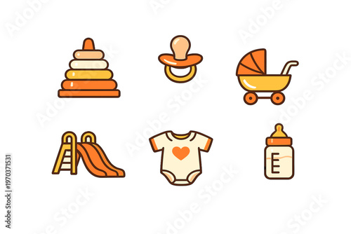 A collection of six baby-themed icons including a stacking toy