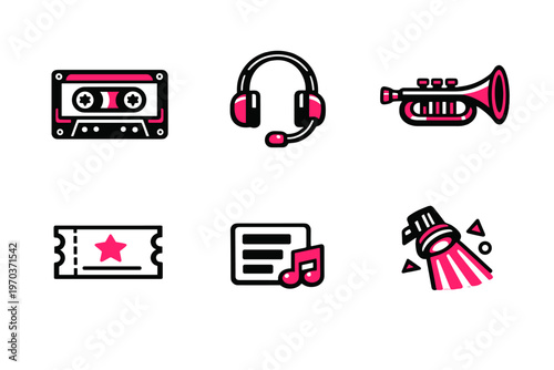 A collection of six music and entertainment icons featuring a