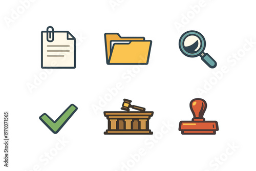 A set of six vector icons related to law and administration