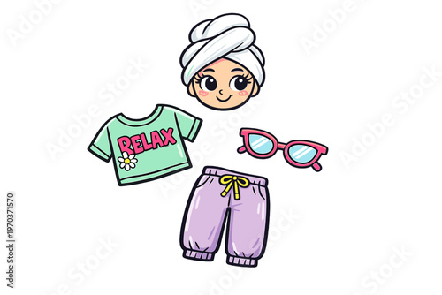 A cute kawaii-style paper doll set featuring a girl's head with a