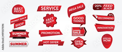 Collection of red sale ribbons and labels with promotional text