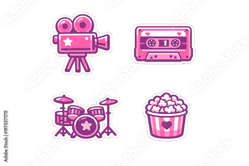 A set of four cute pink stickers featuring a vintage movie camera, a