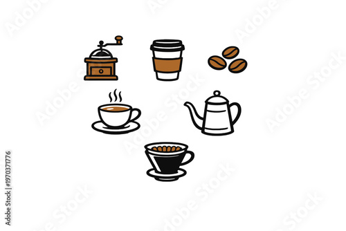 A collection of coffee-themed icons featuring a manual grinder, a