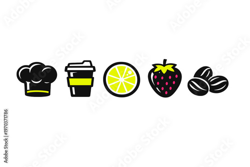 A set of five minimalist food and beverage icons featuring a chef's