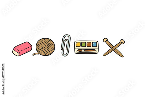 A collection of hand-drawn craft and office supply icons including a