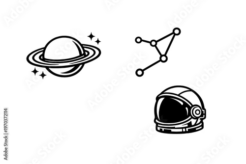 A set of three black and white space-themed vector icons featuring a