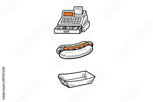 A hand-drawn set of illustrations featuring a cash register, a hot