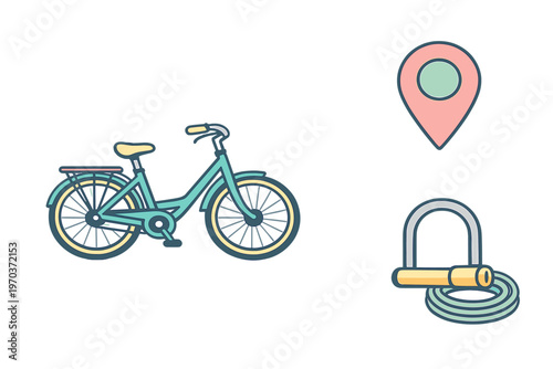 A flat illustration of a teal city bicycle, a red location pin icon