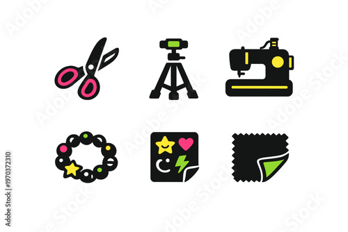 A collection of six hobby and craft icons featuring scissors, a