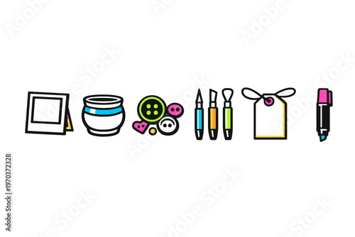 A horizontal row of colorful craft and hobby icons featuring a photo