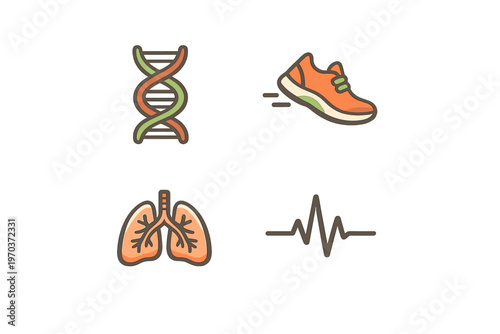 A set of four flat vector icons representing health and fitness