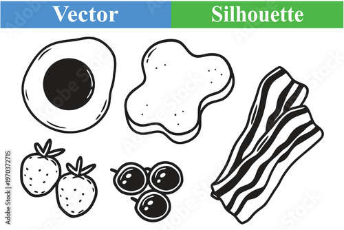 Breakfast Food Silhouette Set Fried Egg Bacon Toast Strawberry Blueberry Vector Illustration
