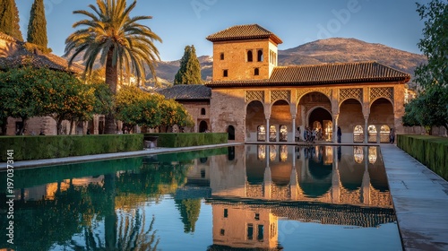 Golden hour view of the Alhambra complex in Granada, Spain, with ornate arches and tranquil reflections