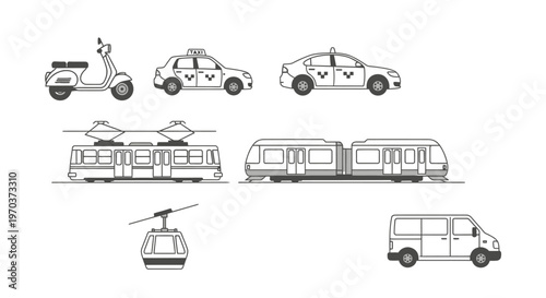 Transportation vehicles illustration scooter taxi tram train cable car van