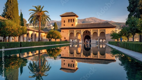 Historic fortress-palace of Granada: Islamic arches, whitewashed walls, and lush gardens in the sun