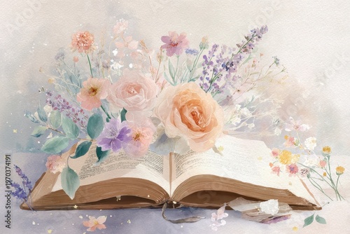 Delicate botanical artwork: flowers unfurling from a paper book in watercolor