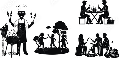Black, silhouette, collection, of, summer, outdoor, activities, featuring, barbecue, chef, kids, playing, frisbee, campfire, cooking, and, dining, for, lifestyle, community, and, leisure, graphics.