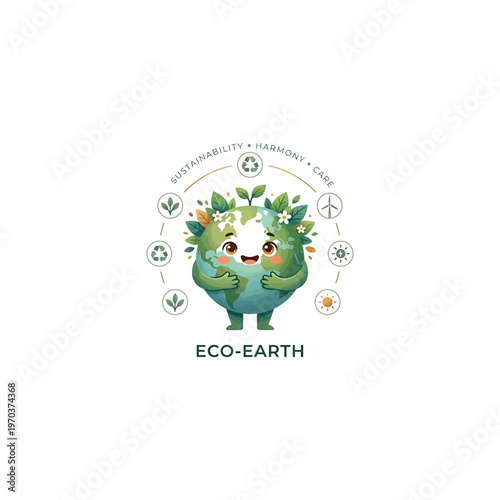Eco Earth cartoon green planet character.