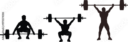 Black, silhouette, collection, of, weightlifter, performing, snatch, and, clean, and, jerk, movements, for, fitness, bodybuilding, crossfit, strength, training, and, athletic, competition, graphics.