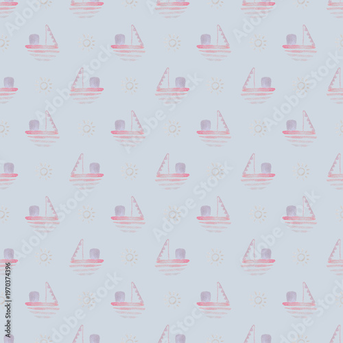 Seamless pattern with watercolor boats and suns