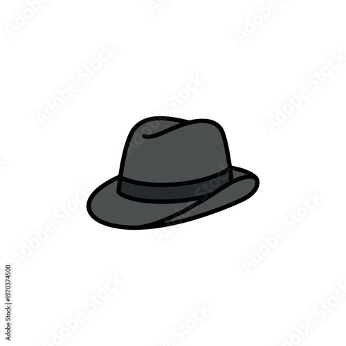 Black fedora hat with wide brim.