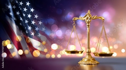 Scales of justice stand in front of a blurred American flag with light bokeh in the background during evening hours