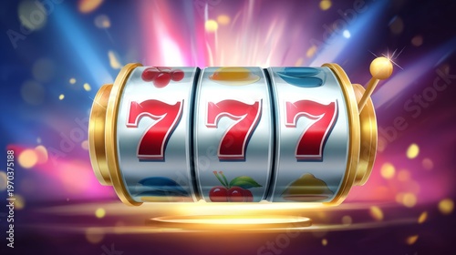 Slot machine with three reels showing sevens and colorful symbols in a bright setting during a gaming session