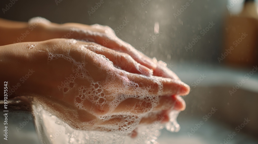 Fototapeta premium Close-up of female hands with soap foam in a gentle lather
