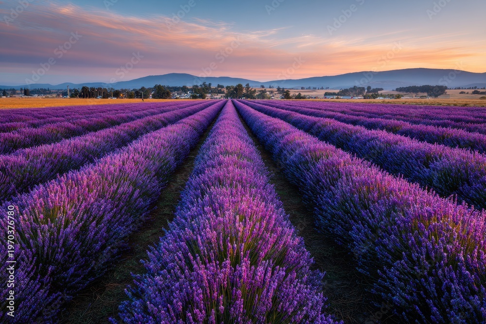 Obraz premium Calm Summer Lavender Field at Dusk with Uniform Rows Reaching the Horizon