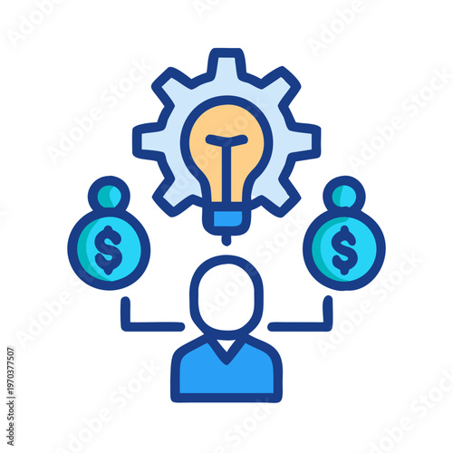 Tableau sur toile Idea generation concept: Flat vector illustration of person with gear, bulb and