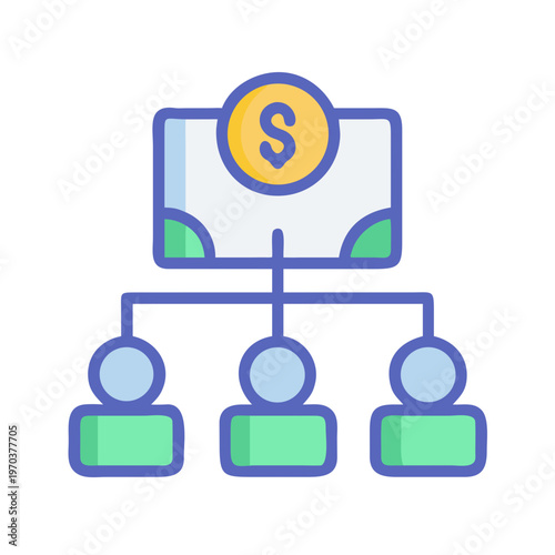 Flat vector hierarchy illustration depicting dollar coin overseeing team structure on black background