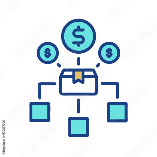 Online business transactions with shipping box and distributed revenue stream concept illustration