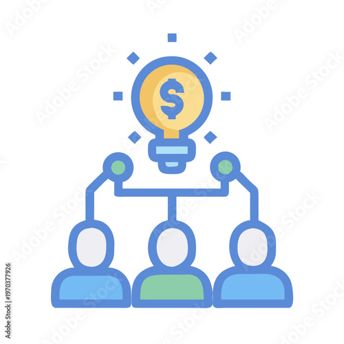Teamwork generating financial ideas illustrated with lightbulb and figures on black background