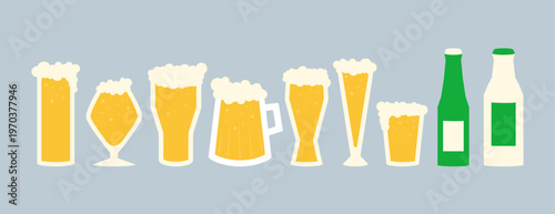 Various beer mugs and bottles Vector Illustration. Pint, tulip, mug, stemmed, tumbler and other glass shapes filled with beer. Flat design.