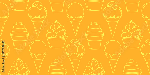 Ice Cream Seamless Pattern. Orange and Yellow Summer Icecream Repeating Endless Background. 