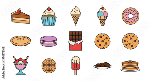 Colorful assorted sweet dessert icons.