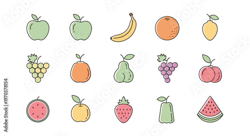Colorful cartoon fruits in rows.