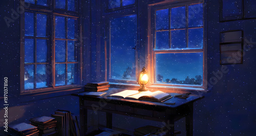 Dark wooden desk features open literature illuminated by warm vintage oil lamp glow positioned against large glass windows revealing deep blue starry night sky snowy landscape magical atmosphere.