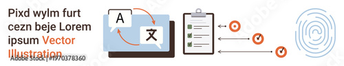 Translation tools, workflow tasks, identity verification, productivity, data processing, digital security. Symbols language translation, task list and fingerprint. Translation tools and workflow