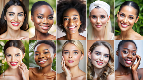 Grid collage showcases diverse multiethnic young women with natural glowing skin radiant smiles featuring various hairstyles ethnic backgrounds clean makeup