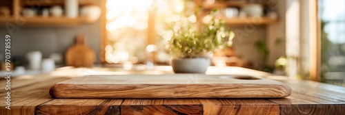 Sunlit kitchen counter with wooden cutting board and potted plant